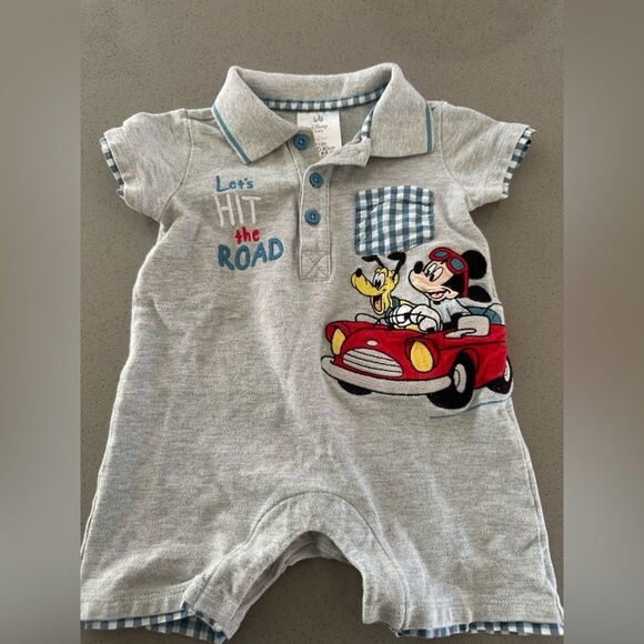 Disney Other - Disney Baby Grey Plaid trim short sleeve Mikey Romper size 9-12 months